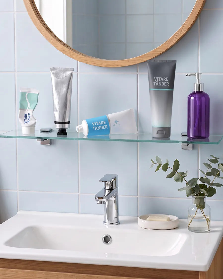 Badrumshylla med whitening-tandkrämer och en lila tandkräm